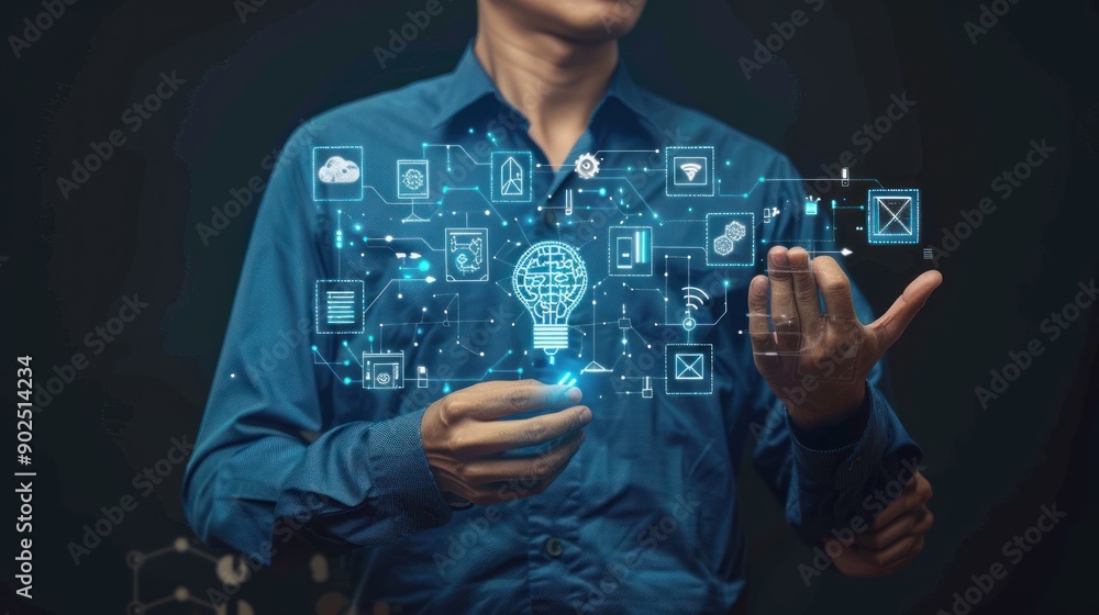 Poster business people display ai technology interface with digital icons representing data, security, clou