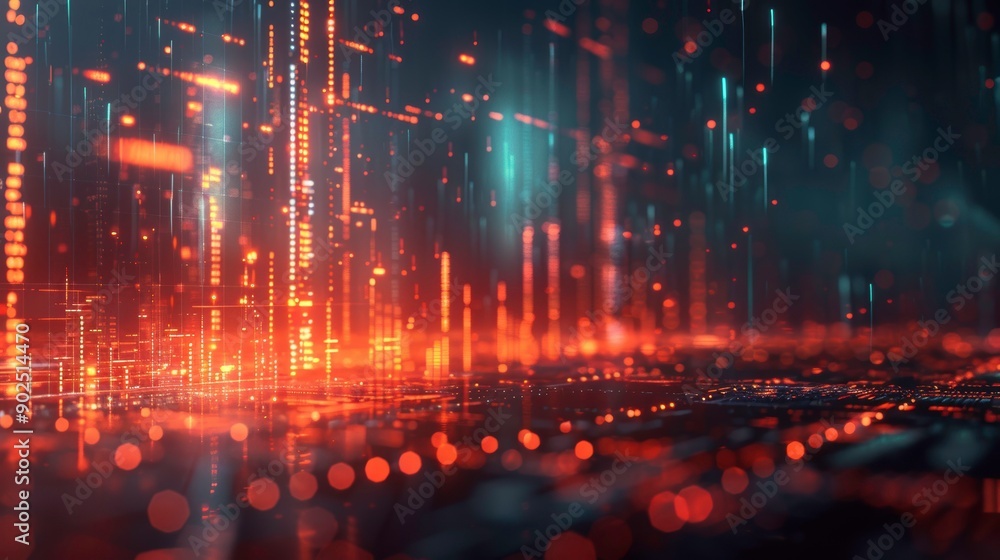 Poster futuristic digital landscape with glowing lines and particles, ideal for technology and abstract vis
