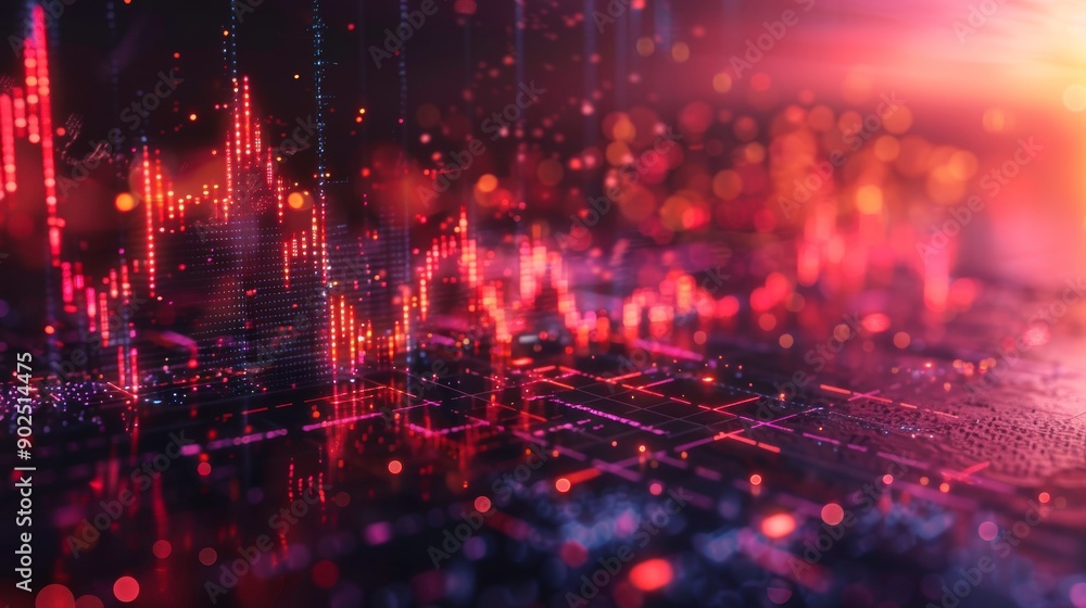 Poster vibrant digital data visualization with glowing lines and grids representing technology and financia
