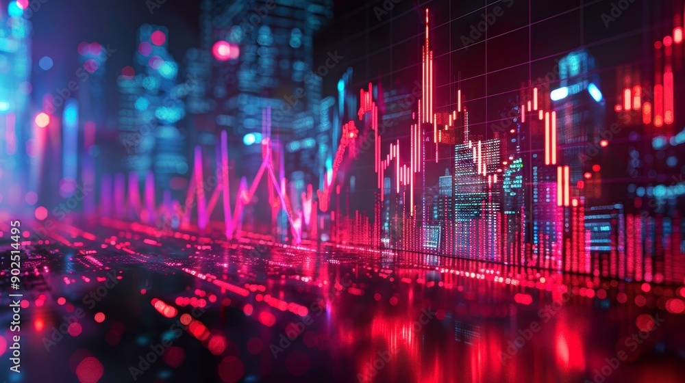 Poster vibrant digital cityscape showcasing financial data trends with colorful graphs and elegant visualiz
