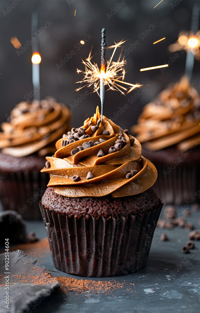 Poster three cupcakes with chocolate frosting and sprinkles on top. the sprinkles are in the shape of a spa