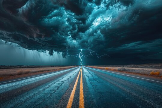 A stormy weather scene with a bright lightning bolt striking the asphalt road
