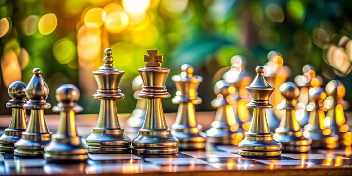 Chess Pieces in a Green Bokeh Background, King, Queen, Chessboard, Strategy, Competition , chess