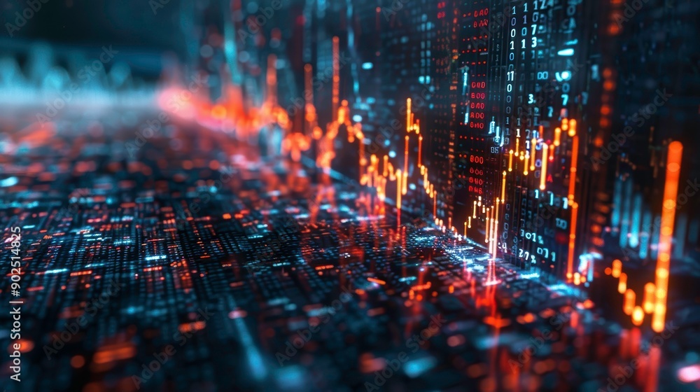 Poster abstract view of digital data with glowing financial charts representing market trends and analytics