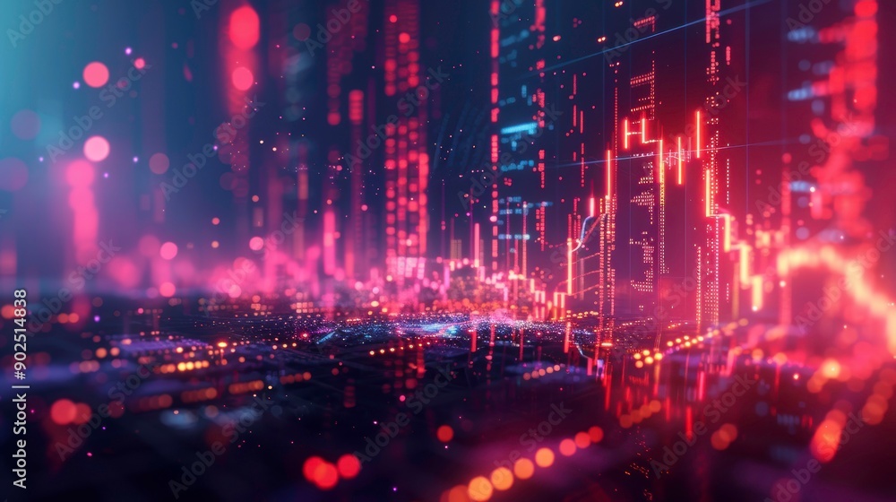 Poster abstract digital landscape with vibrant lines and glowing lights, representing data flow and technol