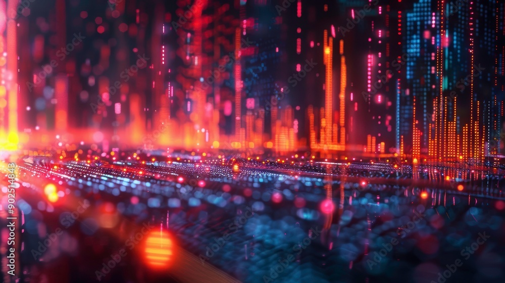 Poster dynamic abstract scene showcasing vibrant colors and shapes, representing data flow and technologica