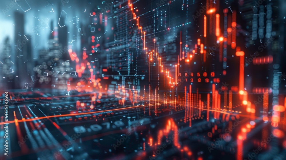 Poster dynamic digital chart representing financial market trends with vibrant colors and intricate data pa