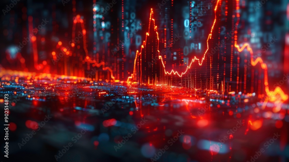 Poster dynamic digital visualization of financial data trends with glowing orange lines representing stock 