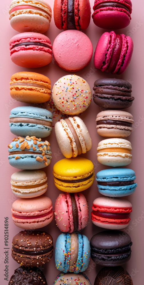 Poster a row of colorful macarons with different flavors and toppings