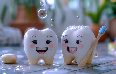 Fototapeta premium Two cartoon teeth are smiling and holding toothbrushes