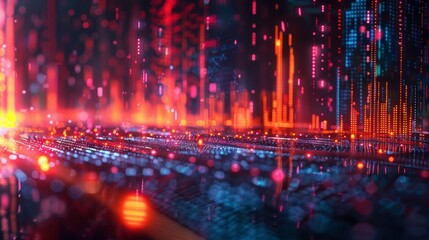 Dynamic abstract scene showcasing vibrant colors and shapes, representing data flow and technological advancement.