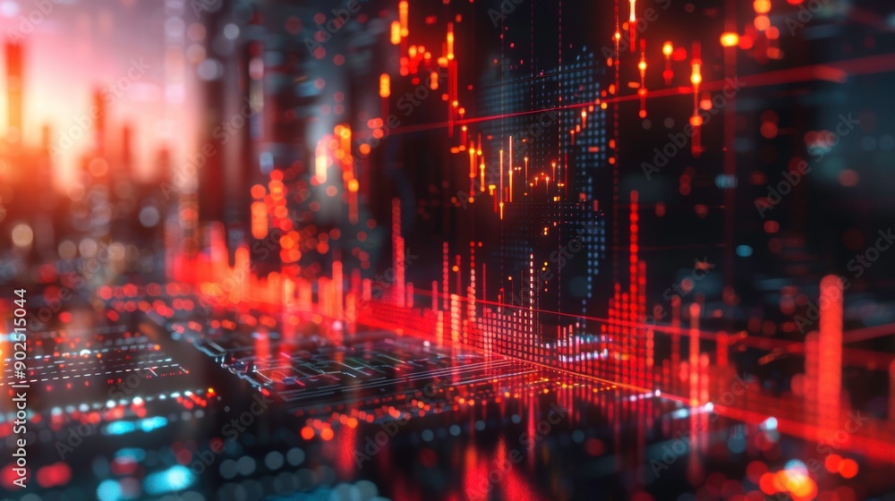 Poster futuristic digital data visualization with glowing graphs and city skyline in the background, perfec