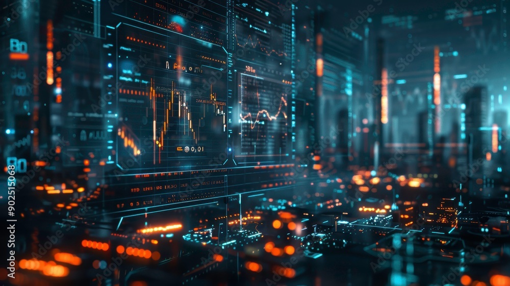 Poster futuristic digital interface with glowing elements, perfect for technology, science, and data visual