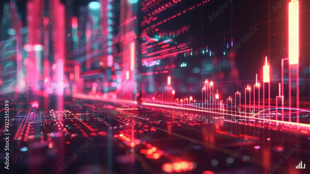 Poster futuristic digital landscape featuring vibrant colors and data patterns, ideal for technology and fi