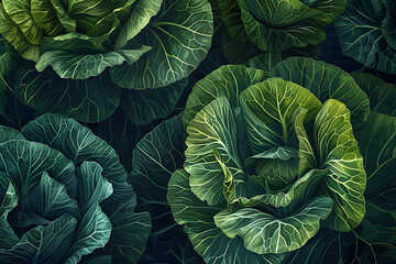Obraz premium Close up of green white cabbage grows in summer garden. Harvest vegetables. Growing crops , illustration