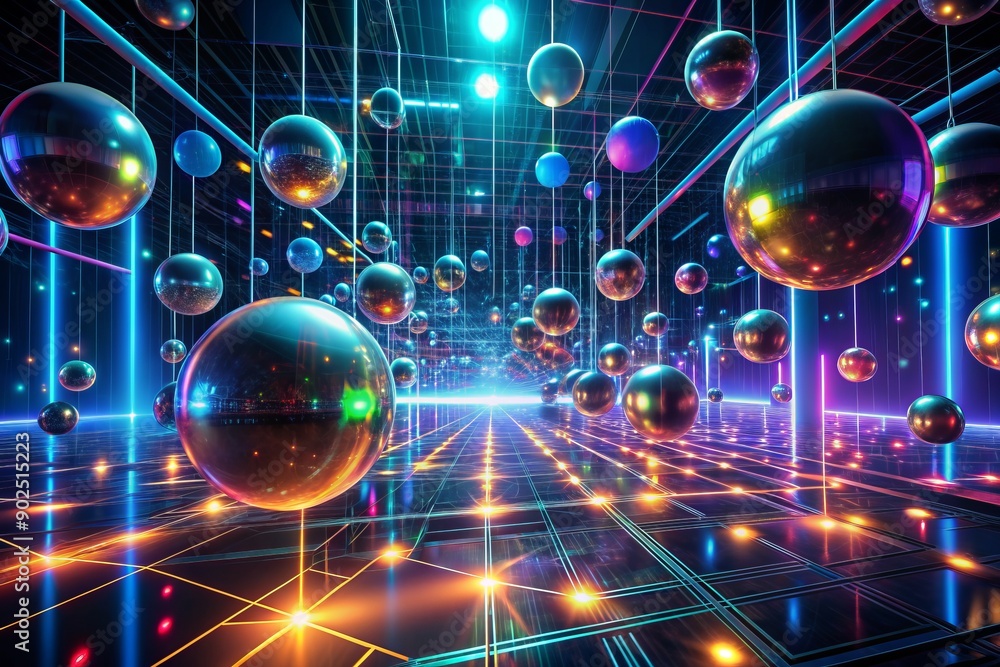 Poster vibrant neon circuits and futuristic orbs suspended in a dark digital void, representing the interse