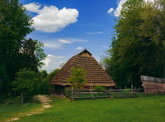 Fototapeta premium Ukrainian village country side landscape scenery natural view house rustic building in summer idyllic picturesque environment space