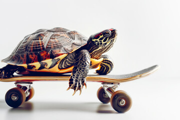 Turtle on a skateboard on a white background, the concept of acceleration of technological progresss