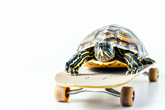 Turtle on a skateboard on a white background, the concept of acceleration of technological progresss, copyspace