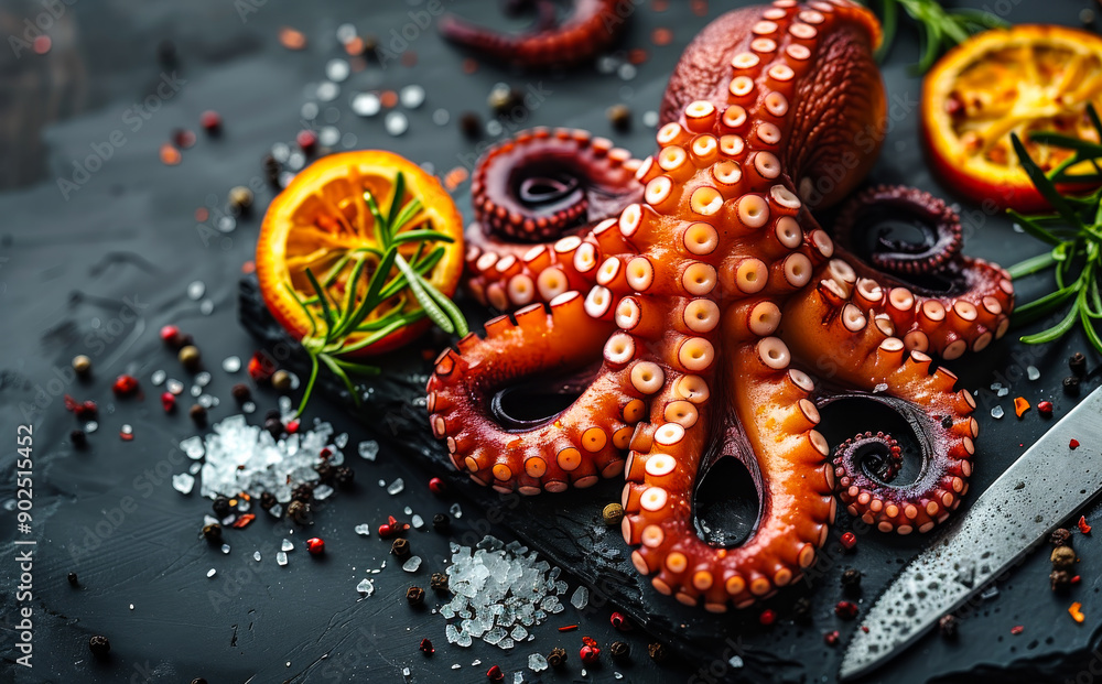 Poster a large octopus is on a table with some spices and an orange. the spices are black and white and the