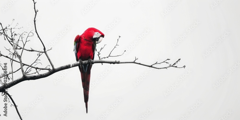Poster a vibrant red parrot perched on a tree branch, ready to take flight