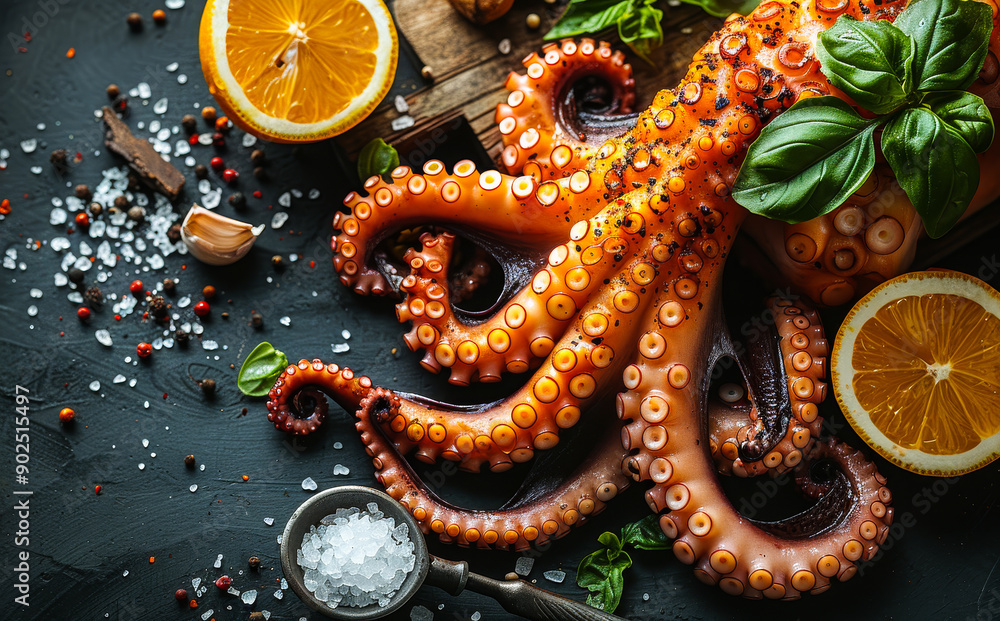 Poster a large octopus with a bunch of oranges and basil on a table. the octopus is surrounded by salt and 