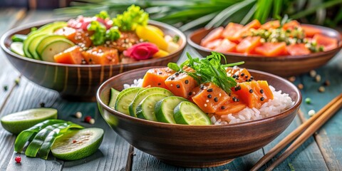 Close-up of a Delicious Salmon Poke Bowl with Cucumber, Rice, and Sesame Seeds, Hawaiian Cuisine, Poke Bowl, Salmon, Cucumber