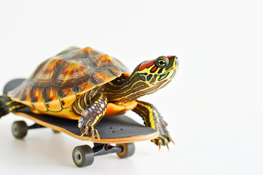 Turtle on a skateboard on a white background, the concept of acceleration of technological progresss, copyspace