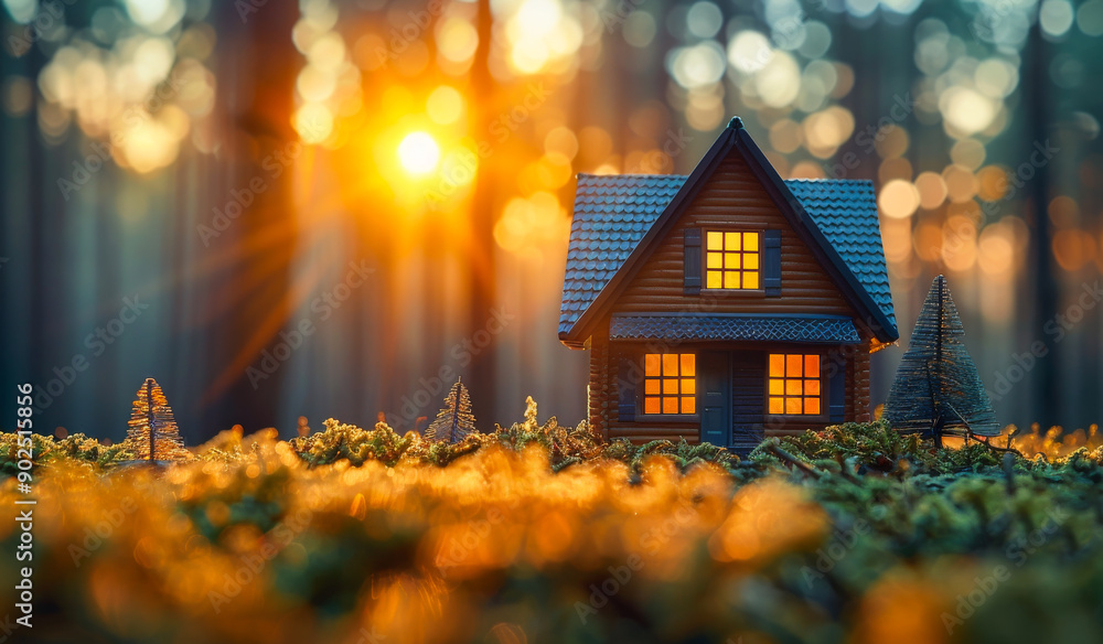 Poster a small house is sitting in a field with trees in the background. the sun is shining brightly, creat