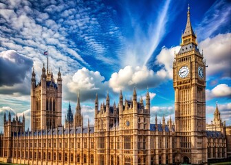 Historic clock tower and ornate Gothic architecture of the English Parliament building at Westminster, London, against a clear blue sky with fluffy white clouds.
