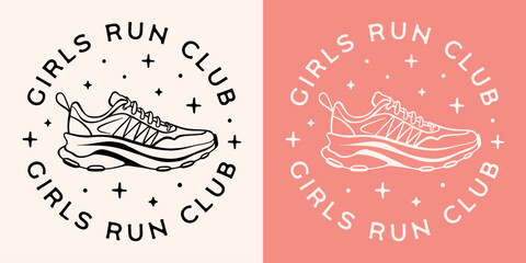 Girls run running club round logo badge sticker for runner marathoner women girlies female sports squad. Retro pink aesthetic quotes printable event invitation cut file clothing shirt design.