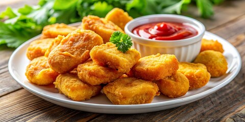 Closeup of Golden Chicken Nuggets with Ketchup on White Plate, fast food , fried chicken , nuggets , snack