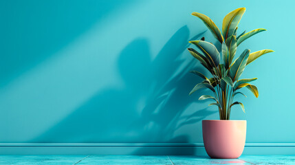 Green plant in pink pot on blue background