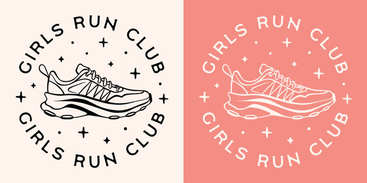 Girls run running club round logo badge sticker for runner marathoner women girlies female sports squad. Retro pink aesthetic quotes printable event invitation cut file clothing shirt design.