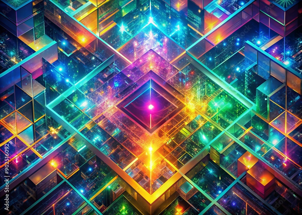 Poster vibrant neon-lit abstract background features mesmerizing fractal patterns of colorful squares and t