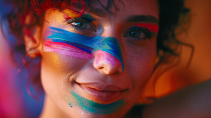 Obraz premium Young woman with artistic makeup is smiling on colorful background