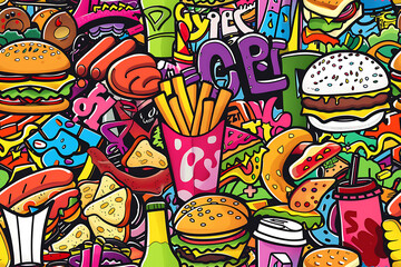 Seamless colorful pattern with fast food