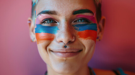 Young woman smiling with colorful artistic face paint