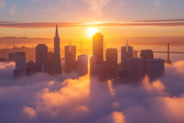 Fototapeta premium San Francisco Skyline Emerging From Fog at Sunrise