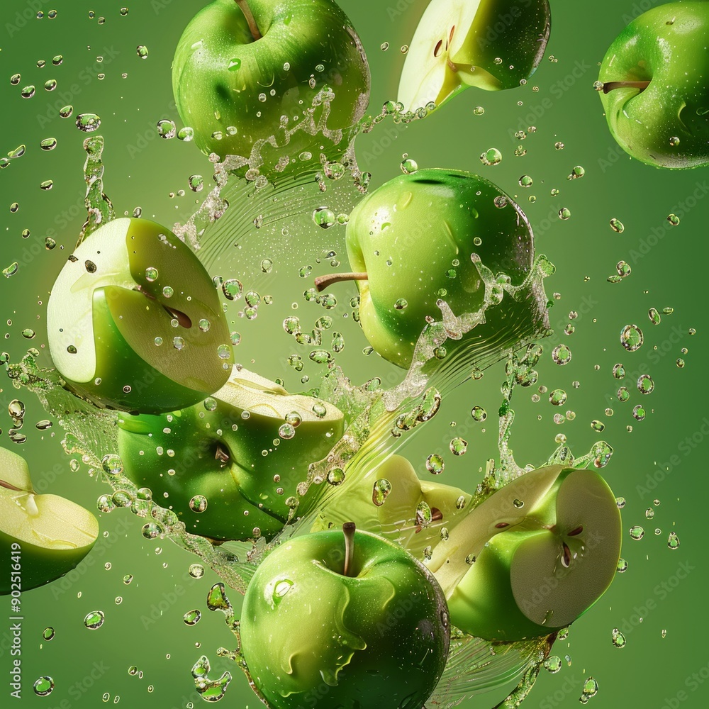 Poster fresh green apples splashing in water on a green background. the image is vibrant and dynamic. perfe