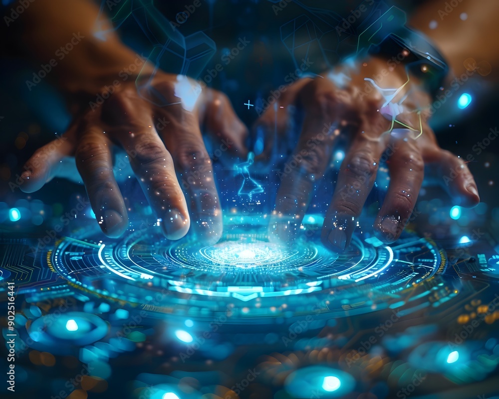 Poster hands interacting with holographic interface in high tech cyber environment