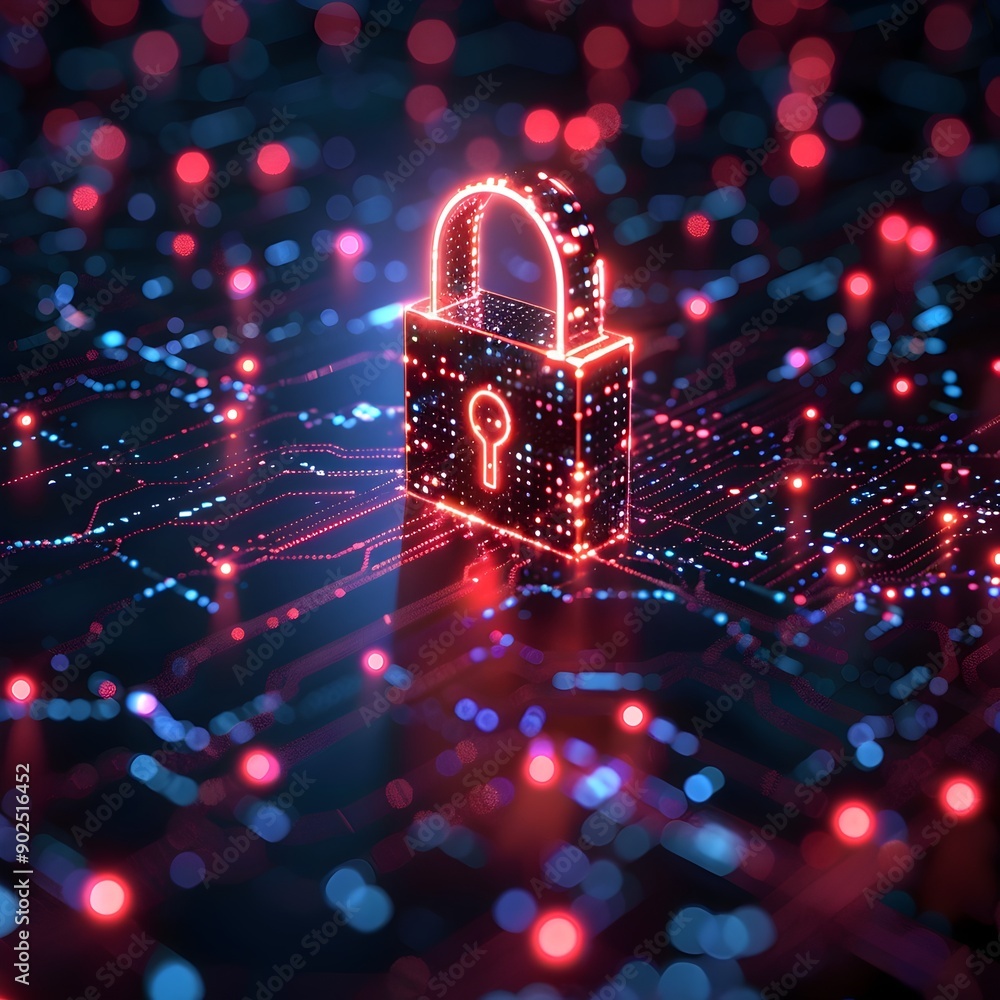 Poster glowing digital lock with encrypted data streams symbolizing cybersecurity and cyber background