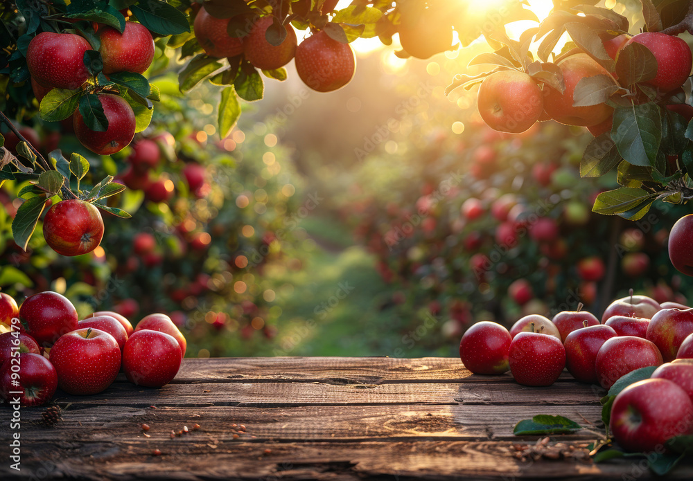 Poster a row of red apples hanging from a tree. the apples are ripe and ready to be picked