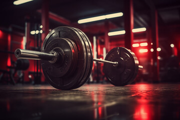 Fototapeta premium Intense workout atmosphere in a dark gym surrounded by heavy weights and red lighting
