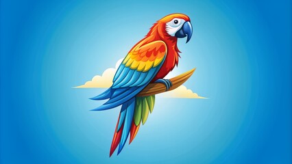Fototapeta premium Colorful Macaw Perched on Branch with Blue Sky Background, Digital Illustration, Bird, Tropical, Nature