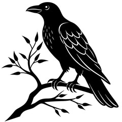 Black crow on a tree branch. Vector illustration isolated silhouette with white Background.