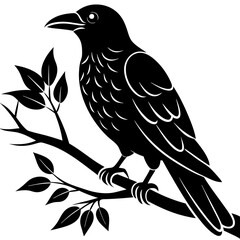 Black crow on a tree branch. Vector illustration isolated silhouette with white Background.