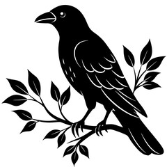 Black crow on a tree branch. Vector illustration isolated silhouette with white Background.