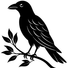 Black crow on a tree branch. Vector illustration isolated silhouette with white Background.