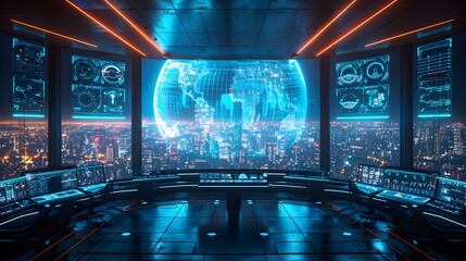 Futuristic Control Center with Holographic Displays and Panoramic City View Cyber Technology Concept